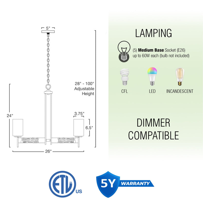 Winston 26" 5-Light Modern Farmhouse Dining Room Chandelier
