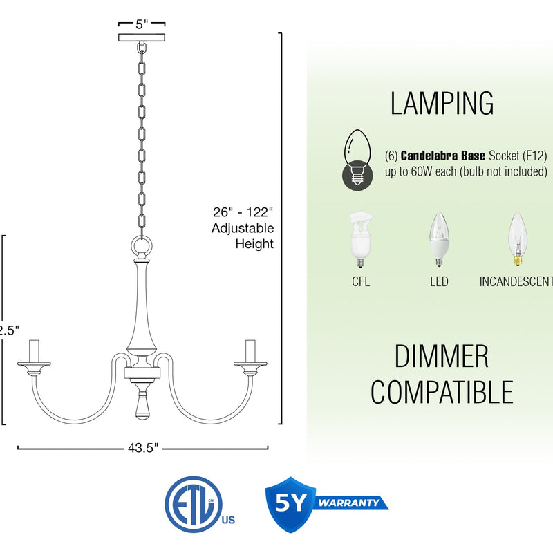 Sherbrooke 44" 6-Light French Country Large Chandelier