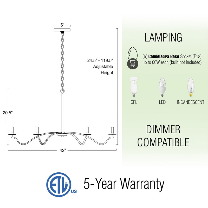 Pennington 42" 6-Light Large Modern Chandelier