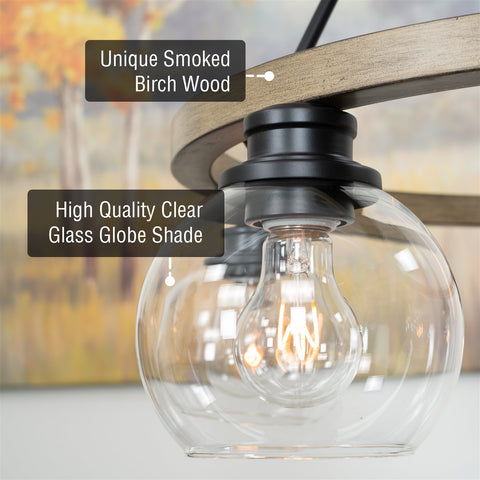 Kira Home Elwood 25" 5-Light Industrial Rustic Farmhouse Wagon Wheel Chandelier + Clear Glass Globe Shades, Smoked Birch Wood Style + Black Finish