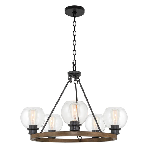 Kira Home Elwood 25" 5-Light Industrial Rustic Farmhouse Wagon Wheel Chandelier + Clear Glass Globe Shades, Smoked Birch Wood Style + Black Finish