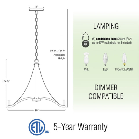 Cambria 28" 5-Light French Country Farmhouse Chandelier