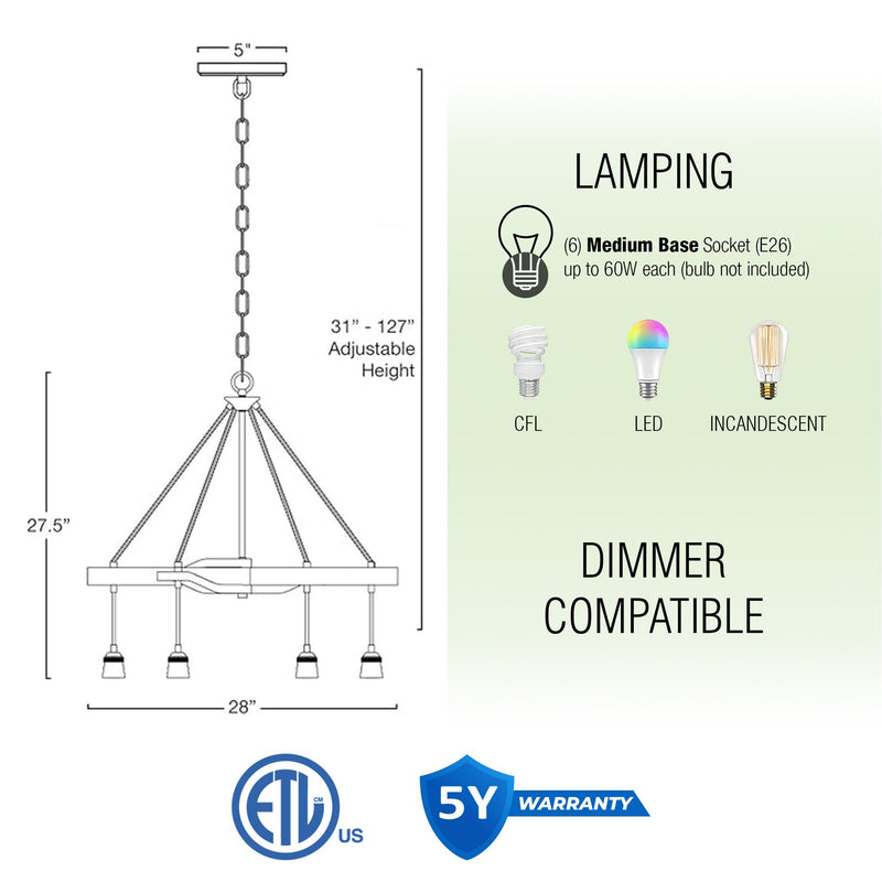 Marlo 28" 6-Light Farmhouse Pendant Chandelier