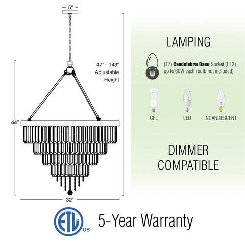 Evangeline 44" Large 17-Light 4-Tier Modern Crystal Luxury Chandelier