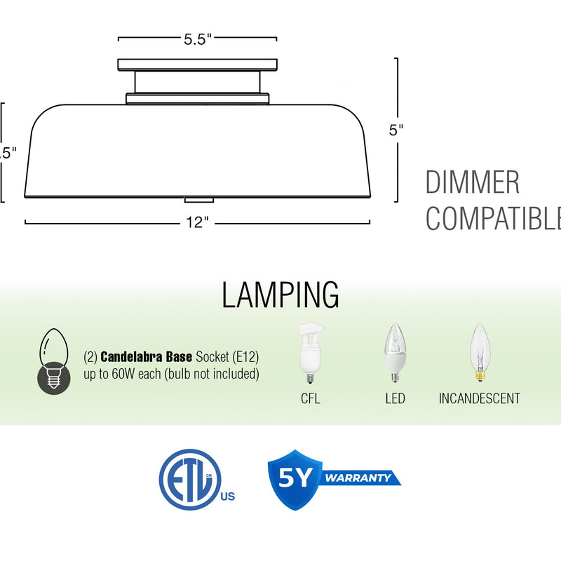 Gianna 12" 2-Light Modern Semi Flush Mount Ceiling Light