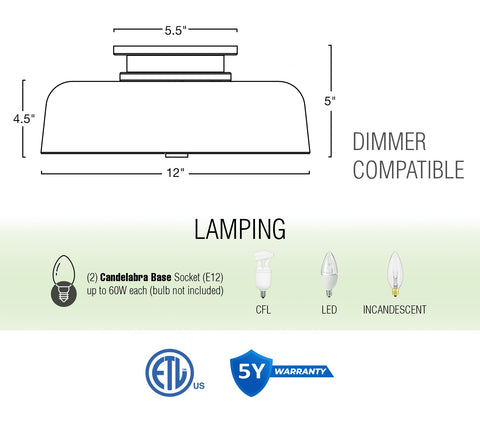 Gianna 12" 2-Light Modern Semi Flush Mount Ceiling Light