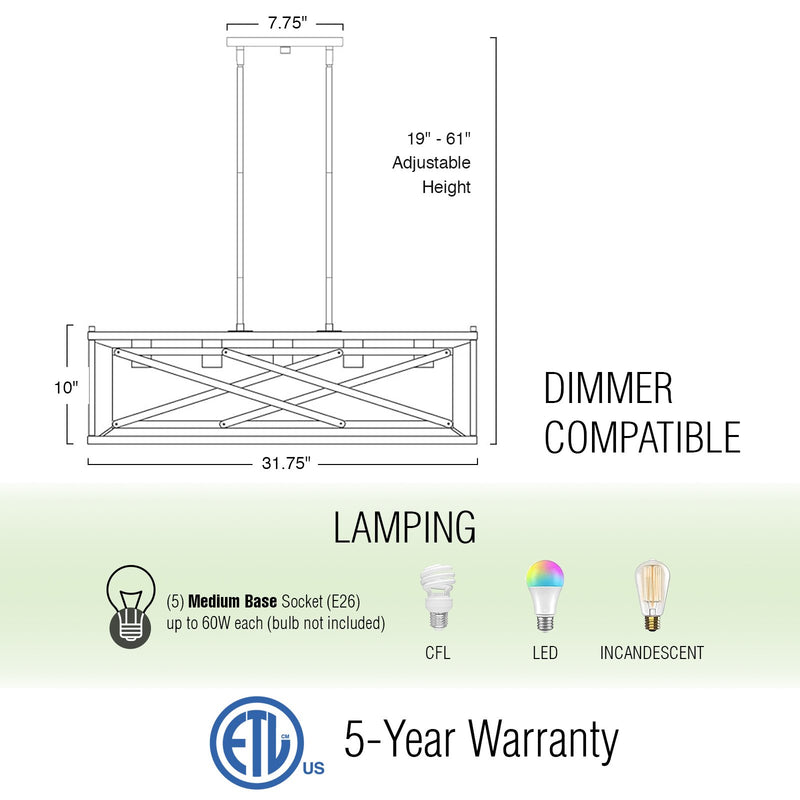 Lexington 32" 5-Light Farmhouse Rectangular Kitchen Island Light / Pool Table Light