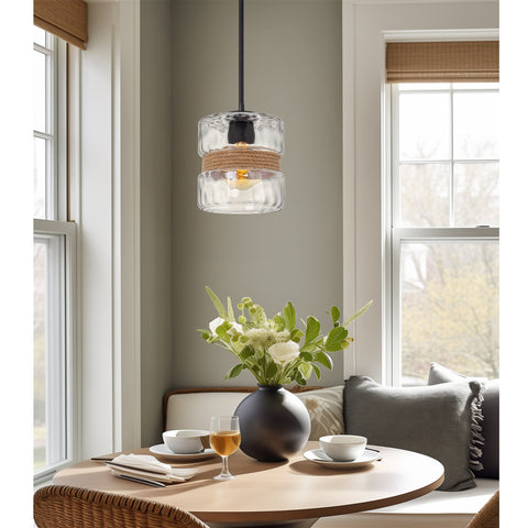 Kira Home Sage 10" 1-Light Modern Pendant Light + Hammered Glass Shade, Textured Black Finish