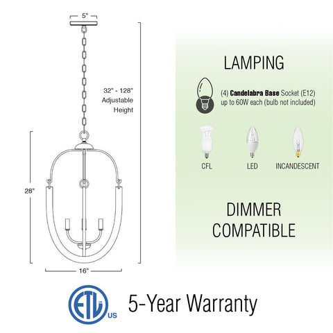 Daphne 28" 4-Light Modern French Country Farmhouse Lantern U Shaped Pendant Chandelier