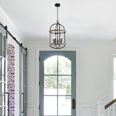 Kira Home Myers 25" 4-Light Modern Farmhouse Lantern Pendant Light, Adjustable Foyer Chandelier, Gray Oak Wood Style + Black Finish
