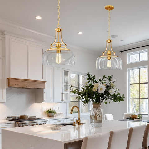 Kira Home Royale 17" Modern Pendant Light + Clear Glass Schoolhouse Shade, Adjustable Hanging Height, Cool Brass Finish