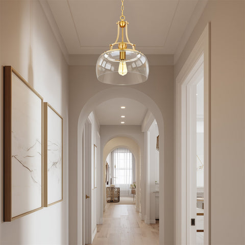 Kira Home Royale 17" Modern Pendant Light + Clear Glass Schoolhouse Shade, Adjustable Hanging Height, Cool Brass Finish