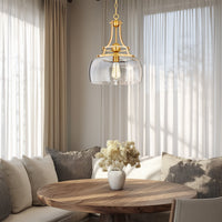Kira Home Royale 17" Modern Pendant Light + Clear Glass Schoolhouse Shade, Adjustable Hanging Height, Cool Brass Finish