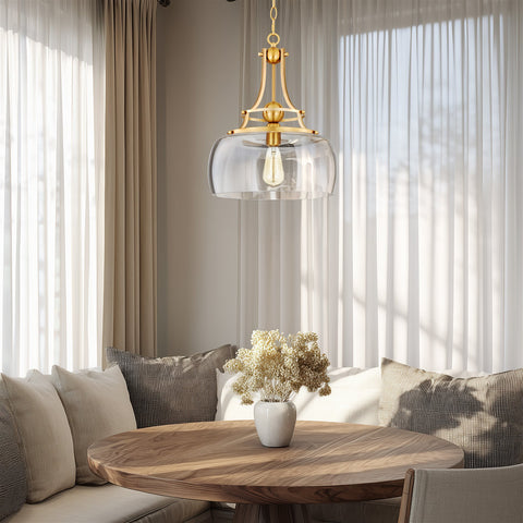 Kira Home Royale 17" Modern Pendant Light + Clear Glass Schoolhouse Shade, Adjustable Hanging Height, Cool Brass Finish
