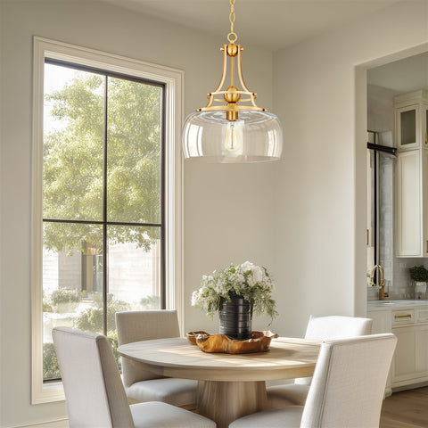 Kira Home Royale 17" Modern Pendant Light + Clear Glass Schoolhouse Shade, Adjustable Hanging Height, Cool Brass Finish