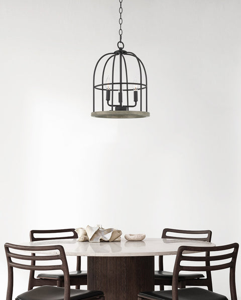 Kira Home Enslow 17" 3-Light Farmhouse Pendant Light, Bird Cage Design, Gray Oak Wood Style + Sandblasted Black Finish