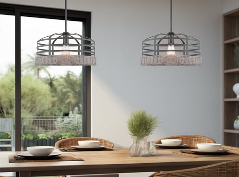 Kira Home Thatcher 16" Farmhouse Pendant Chandelier + Wire Cage Shade, Gray Wicker Accents + Black Finish