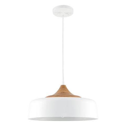 Kira Home Riley 16" Retro Modern Pendant Light + White Metal Shade, Adjustable Hanging Height, Wood Style Accent