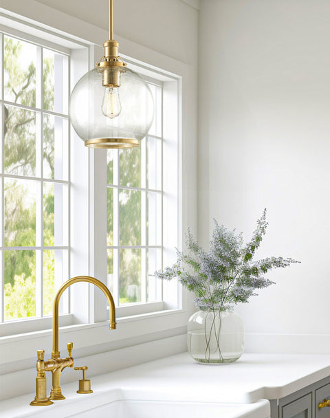 Kira Home Jolie 14" Industrial Farmhouse Pendant Light + Hammered Globe Glass Shade, Adjustable Height, Cool Brass Finish