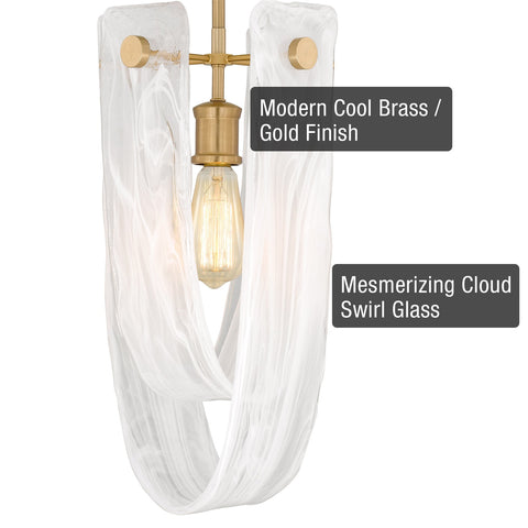 Kira Home Mira 18.5" Large Gold Pendant Light with White Swirl Glass, Modern Marbled Swirl Art Glass U-Shaped Hanging Light, Cool Brass Finish