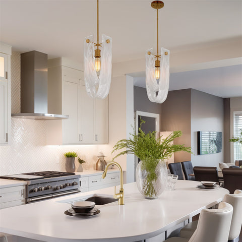 Kira Home Mira 18.5" Large Gold Pendant Light with White Swirl Glass, Modern Marbled Swirl Art Glass U-Shaped Hanging Light, Cool Brass Finish