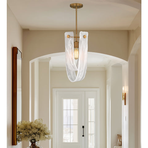 Kira Home Mira 18.5" Large Gold Pendant Light with White Swirl Glass, Modern Marbled Swirl Art Glass U-Shaped Hanging Light, Cool Brass Finish