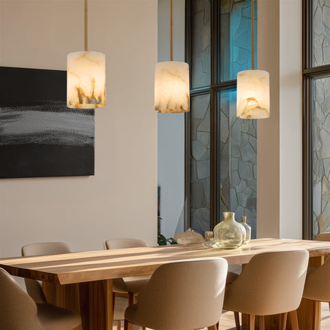 Kira Home Valencia 8" Hand-crafted Natural Spanish Alabaster Stone Pendant Light, Cool Brass Finish