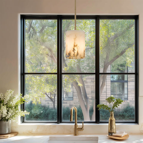 Kira Home Valencia 8" Hand-crafted Natural Spanish Alabaster Stone Pendant Light, Cool Brass Finish