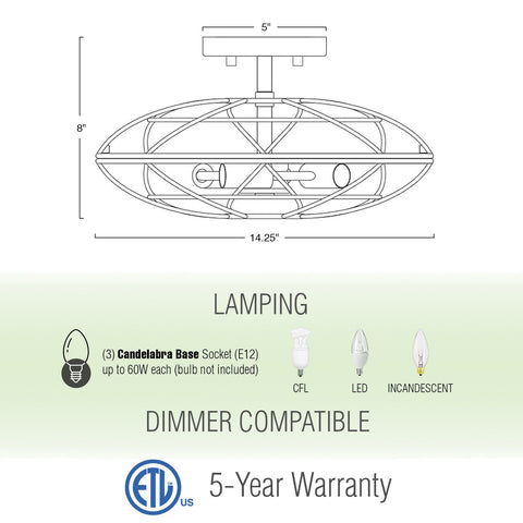 Georgia 14" 3-Light Modern Industrial Vintage Semi Flush Mount Ceiling Light