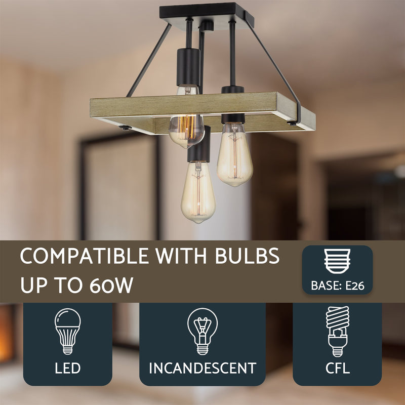 Powell 12" 3-Light Rustic Farmhouse Flush Mount Ceiling Light