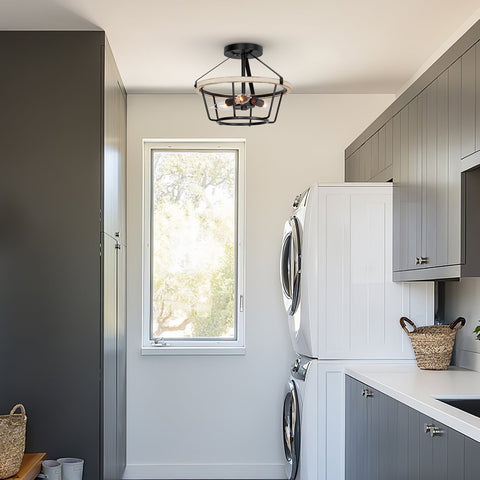 Kira Home Palmer 12.5" 3-Light Rustic Farmhouse Semi Flush Mount Ceiling Light, White Ash Wood Style + Black Finish