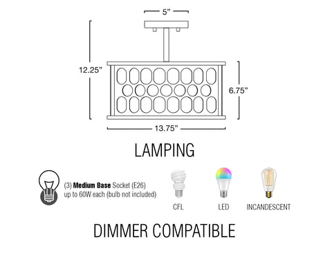 Holly 14" 3-Light Modern Semi-Flush Mount Ceiling Light