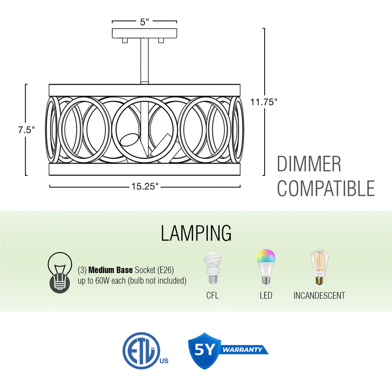 Larkin 15" 3-Light Modern Farmhouse Semi-Flush Mount Ceiling Light