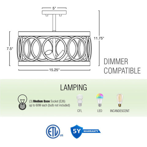 Larkin 15" 3-Light Modern Farmhouse Semi-Flush Mount Ceiling Light