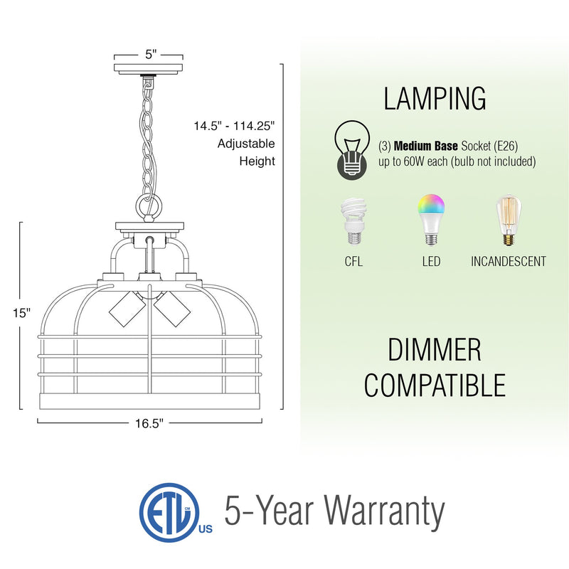 Sawyer 17" 3-Light Industrial Farmhouse Semi Flush Convertible Pendant Chandelier Light