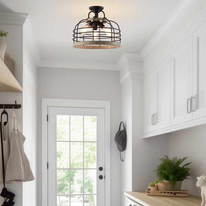 Sawyer 17" 3-Light Industrial Farmhouse Semi Flush Convertible Pendant Chandelier Light