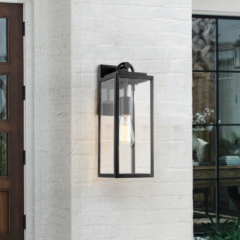 Kira Home Damon 16" Industrial Farmhouse Weather Resistant Outdoor Wall Sconce + Clear Glass Shade + Black Finish