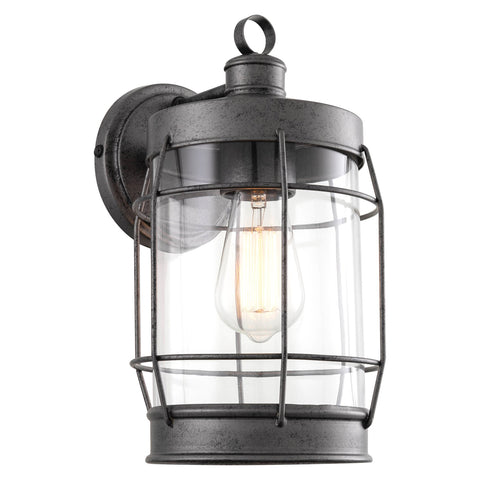 Kira Home Whitlock 13" Industrial Farmhouse Outdoor Weather Resistant Wall Sconce + Clear Cylinder Glass Shade + Galvanized Black Finish