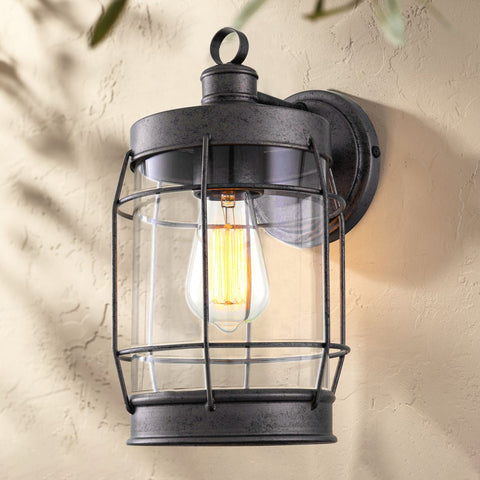 Kira Home Whitlock 13" Industrial Farmhouse Outdoor Weather Resistant Wall Sconce + Clear Cylinder Glass Shade + Galvanized Black Finish