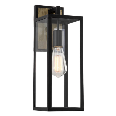 Kira Home Murdock 16" Modern Indoor Outdoor Weather Resistant Wall Sconce + Rectangular Glass Shade, Smoked Birch Wood Style + Black Finish