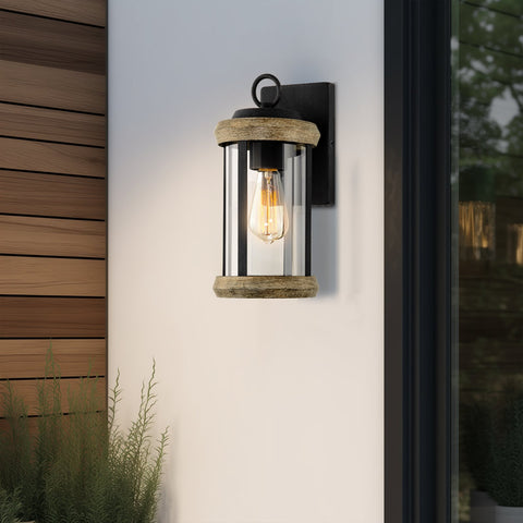 Kira Home Dorsey 12" Rustic Traditional Outdoor Weather Resistant Wall Sconce + Cylinder Glass Shade, Weathered Oak Wood Style + Textured Black Finish