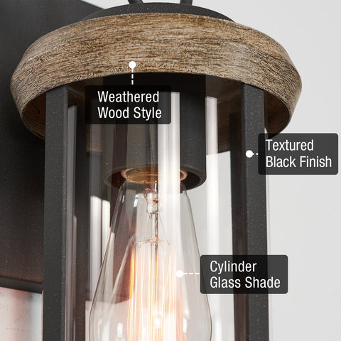 Kira Home Dorsey 12" Rustic Traditional Outdoor Weather Resistant Wall Sconce + Cylinder Glass Shade, Weathered Oak Wood Style + Textured Black Finish