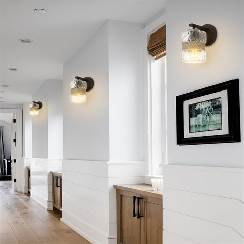 Kira Home Sage 9.5" Modern Wall Sconce + Hammered Glass Shade, Textured Black Finish