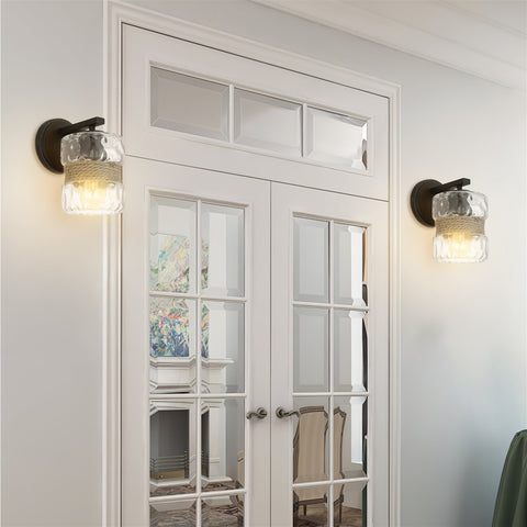 Kira Home Sage 9.5" Modern Wall Sconce + Hammered Glass Shade, Textured Black Finish