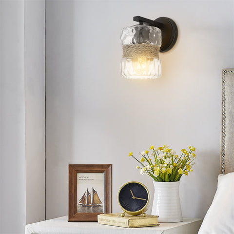 Kira Home Sage 9.5" Modern Wall Sconce + Hammered Glass Shade, Textured Black Finish