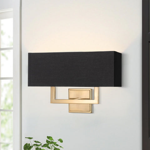Kira Home Haven 16" 2-Light Modern Wall Sconce/Wall Light + Rectangular Black Fabric Shade, Cool Brass Finish