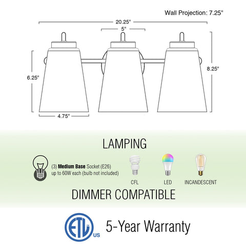 Chatham 20" 3-Light Modern Vanity / Bathroom Light