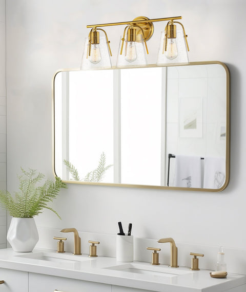 Kira Home Branson 22" 3-Light Modern Farmhouse Vanity/Bathroom Light + Seeded Glass Cone Shades, Gold Brass Finish