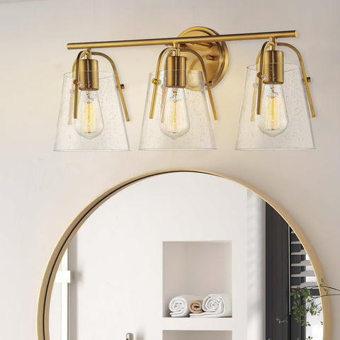 Kira Home Branson 22" 3-Light Modern Farmhouse Vanity/Bathroom Light + Seeded Glass Cone Shades, Gold Brass Finish