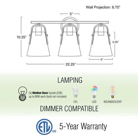 Branson 22" 3-Light Modern Farmhouse Vanity/Bathroom Light